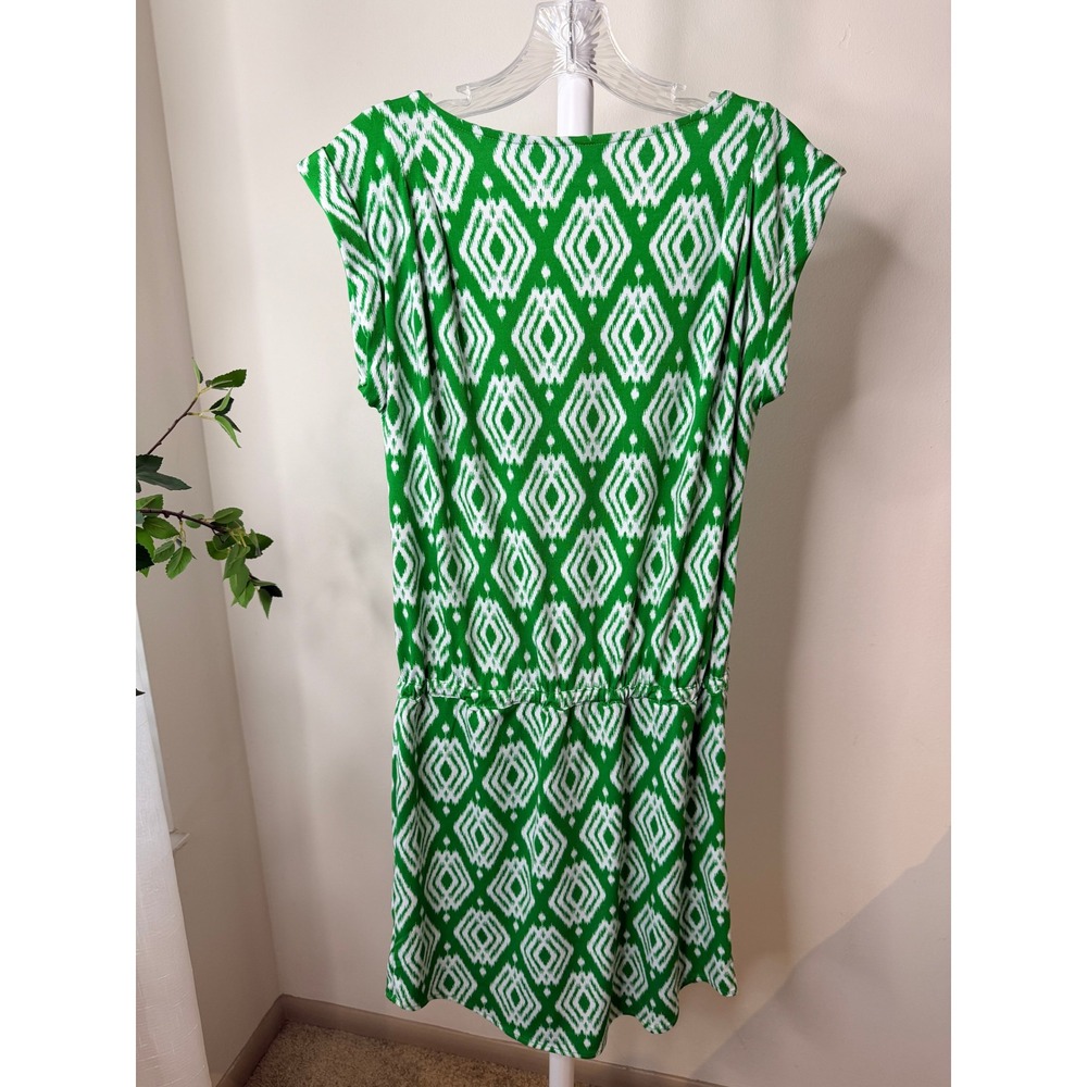 Tori Richard Honolulu Green Ikat Diamond Dress V-Neck Drawstring Waist Small - Picture 5 of 6